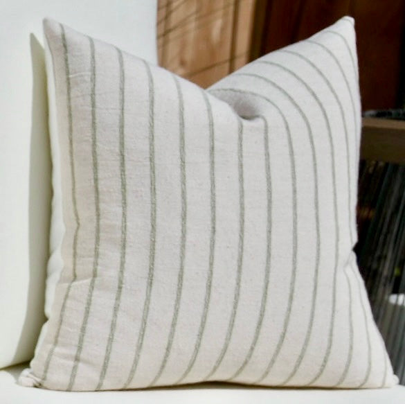 Willow Green and Cream Stripe Woven Pillow Cover