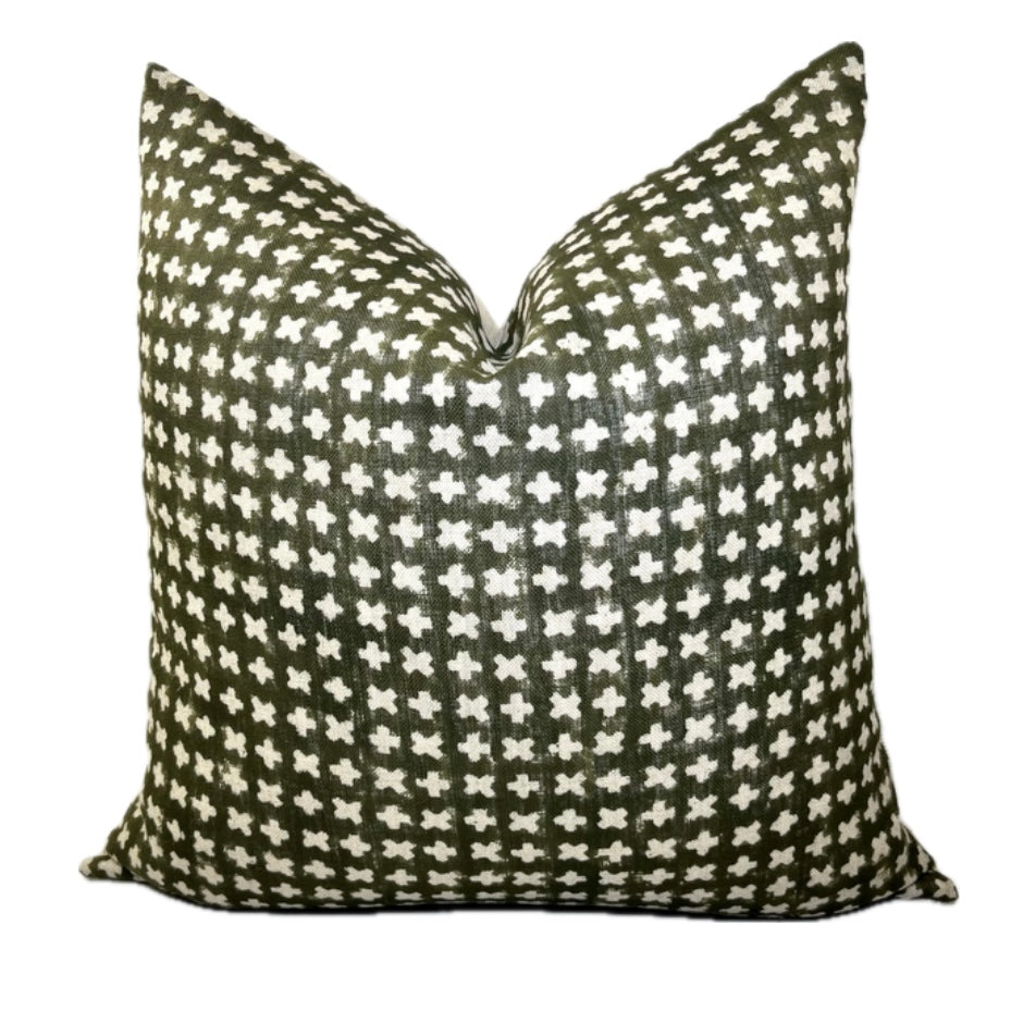 Capri Green Block Print Linen Pillow Cover