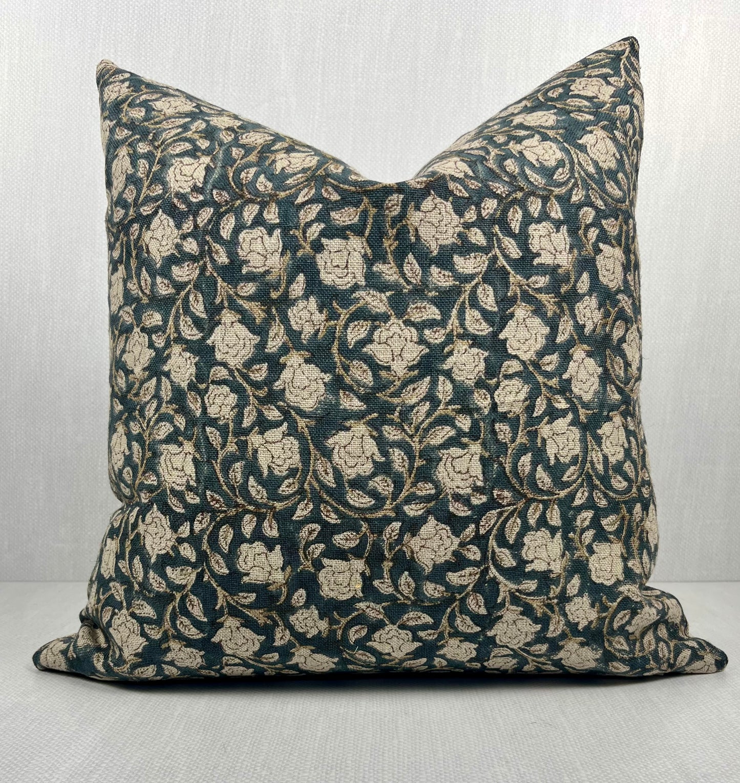 Hazel Teal Floral Print Linen Pillow Cover