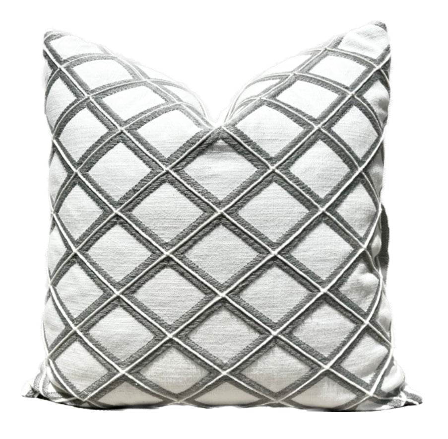 New Haven Grey and White Embroidered Geometric Pillow Cover