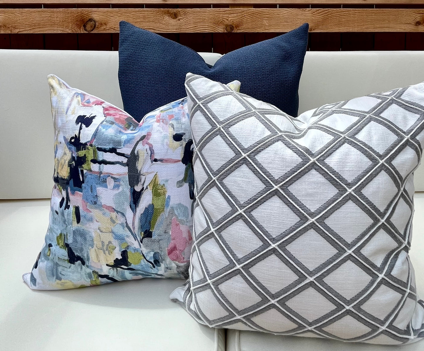 New Haven Grey and White Embroidered Geometric Pillow Cover