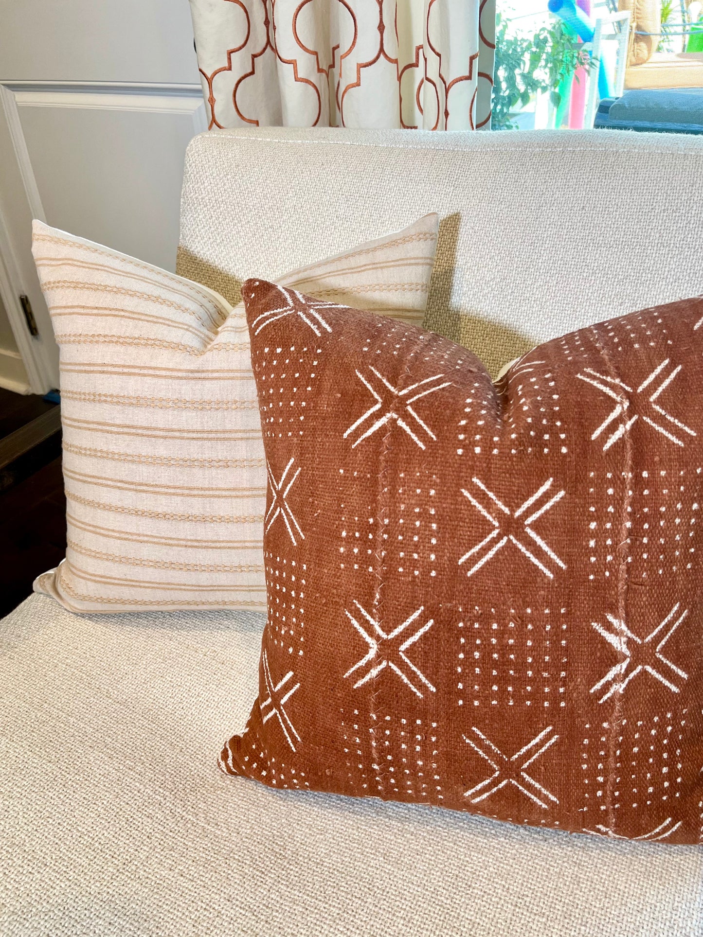 Ann Tan / Beige with Vintage Gold Thread Stripe Woven Pillow Cover
