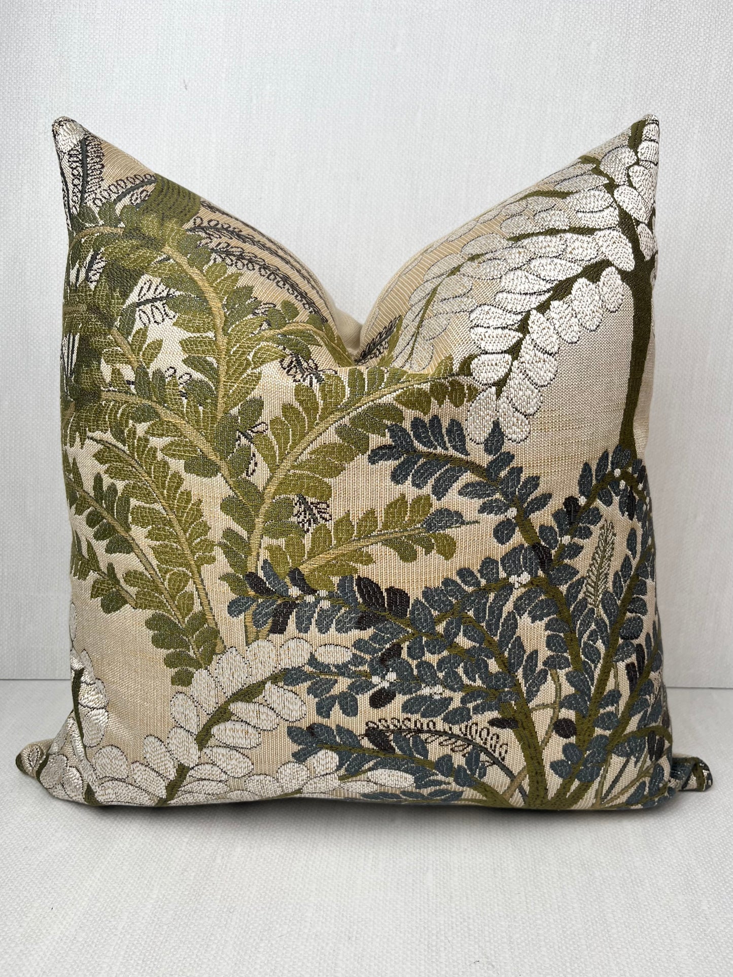 Lillian Botanical Embroidered Pillow Cover, Sage Green, Olive & Slate Blue Tree Throw Cushion