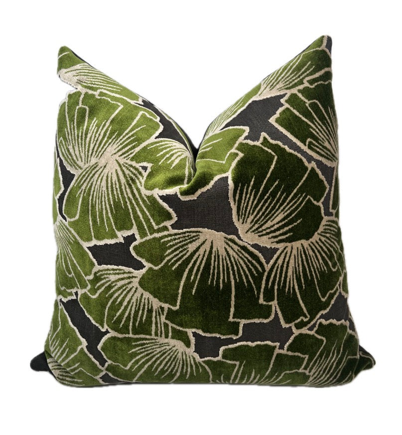 Sylvia Emerald Green Ginkgo Leaf Velvet Pillow Cover - Art Deco Botanical