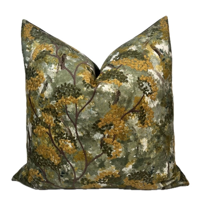 Silas Olive Green Embroidered Trees Botanical Pillow Cover