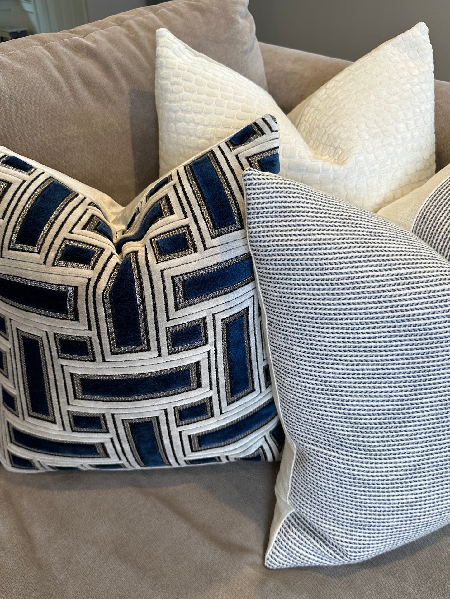 Brixity Navy Blue and Gray Geometric Throw Pillow with Metallic Silver Accents