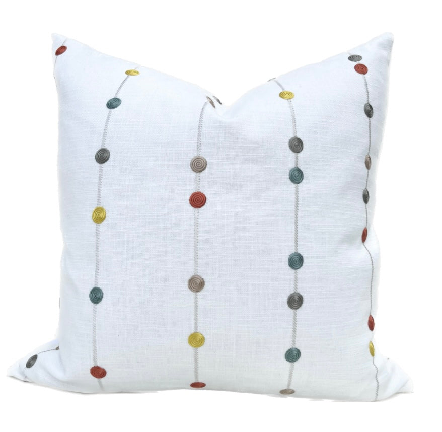 Kenley White Decorative Pillow Cover with Colorful Embroidered Stripes and Dots