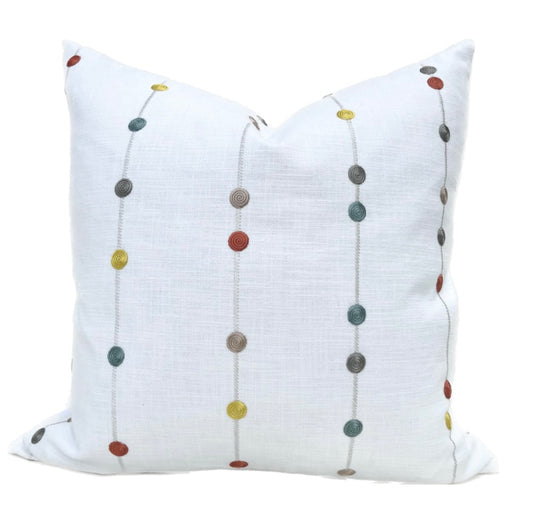 Kenley White Decorative Pillow Cover with Colorful Embroidered Stripes and Dots