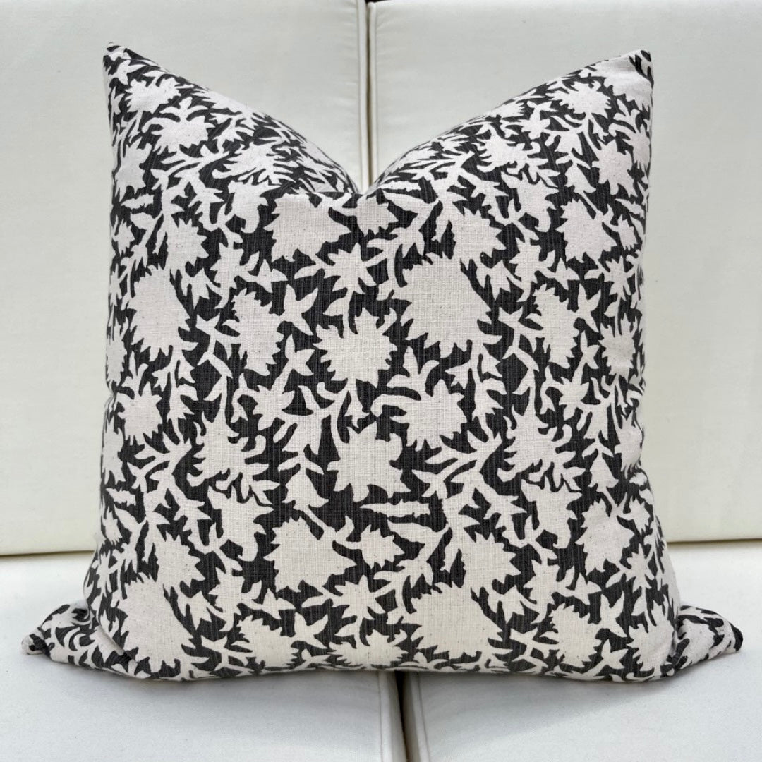 Nantucket Dark Gray / Charcoal Floral Block Print Pillow Cover