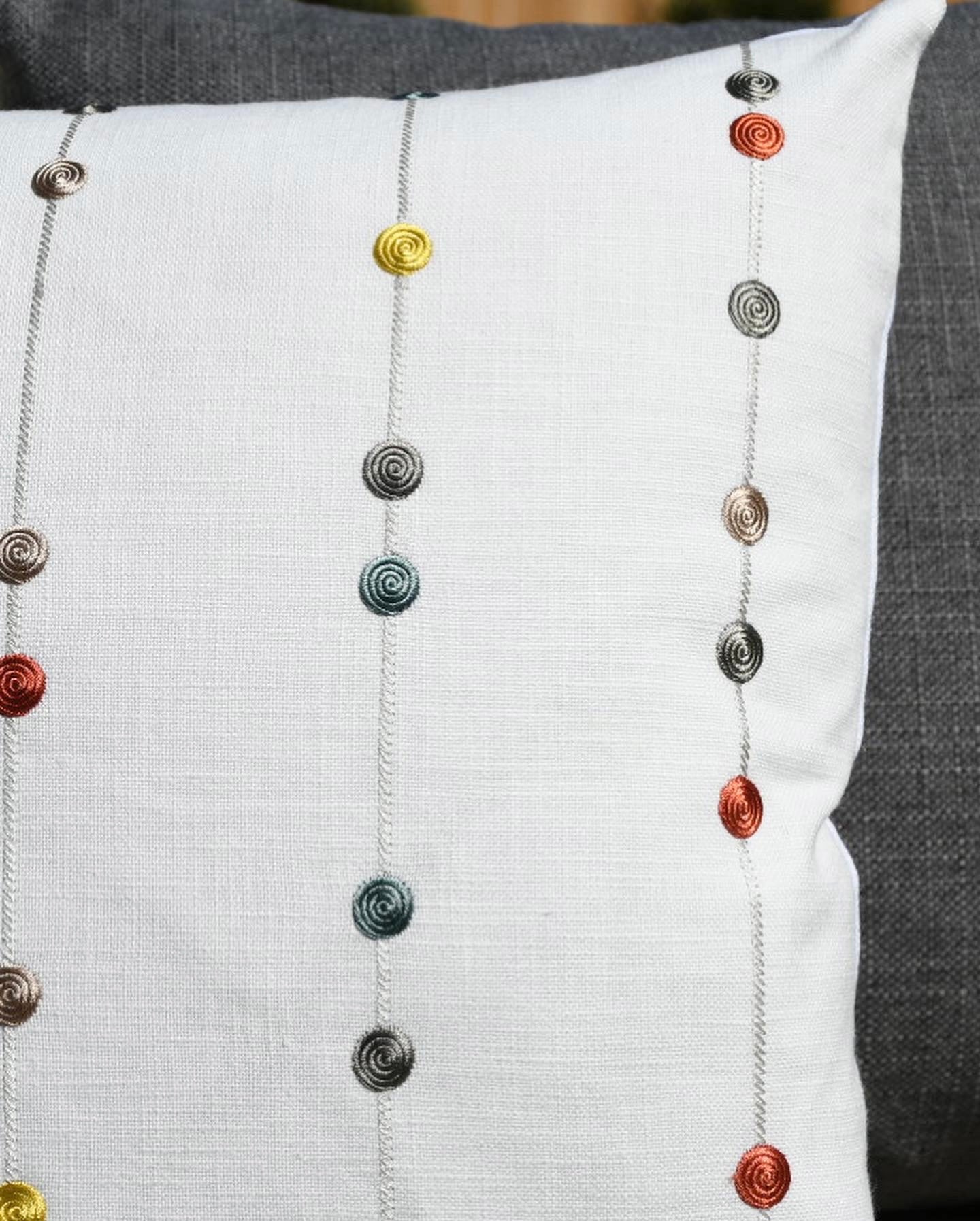 Kenley White Decorative Pillow Cover with Colorful Embroidered Stripes and Dots