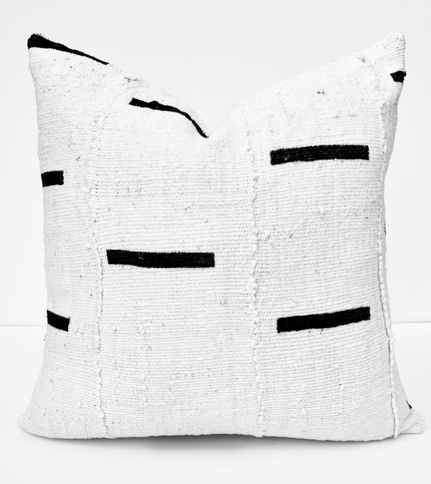 Mina White with Black Dashes African Mud Cloth Pillow Cover, Authentic Malian Mudcloth