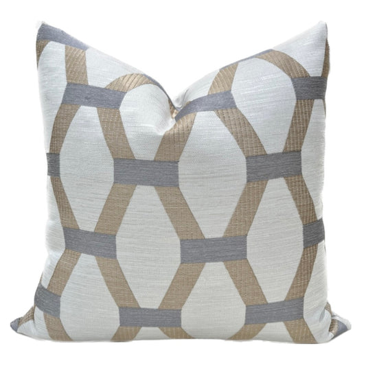 Algarve Gold and Silver Embroidered Pillow Cover - Metallic Hexagon Throw Pillow