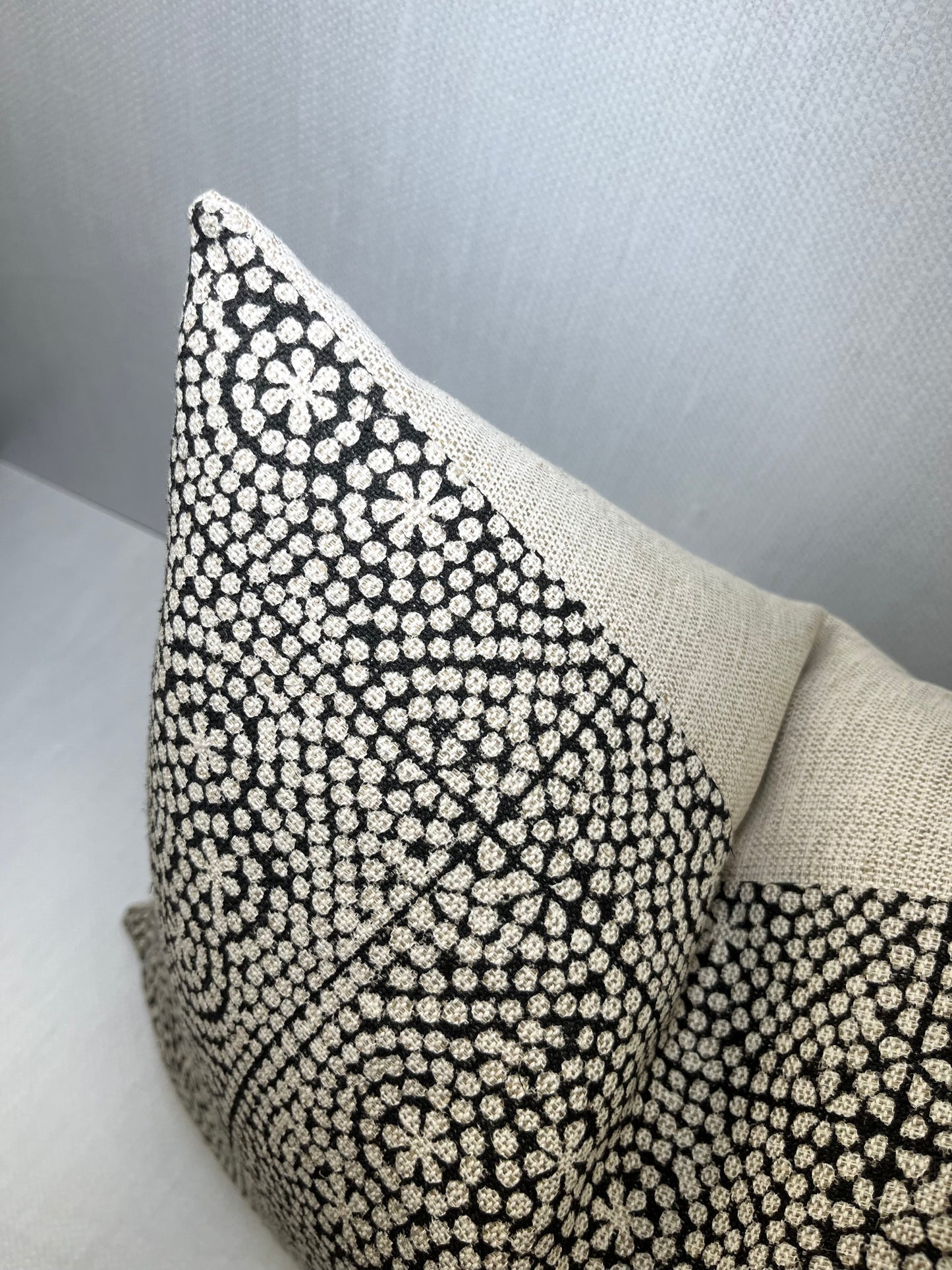 Penelope Black Dotted Block Print Linen Pillow Cover