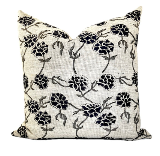 Ava Black Floral Block Print Linen Pillow Cover