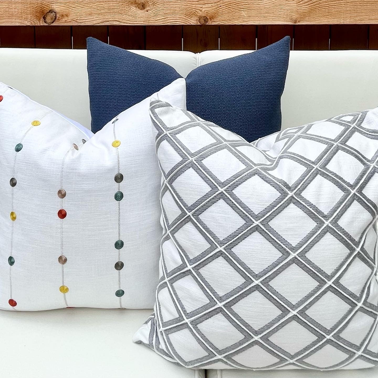 Kenley White Decorative Pillow Cover with Colorful Embroidered Stripes and Dots