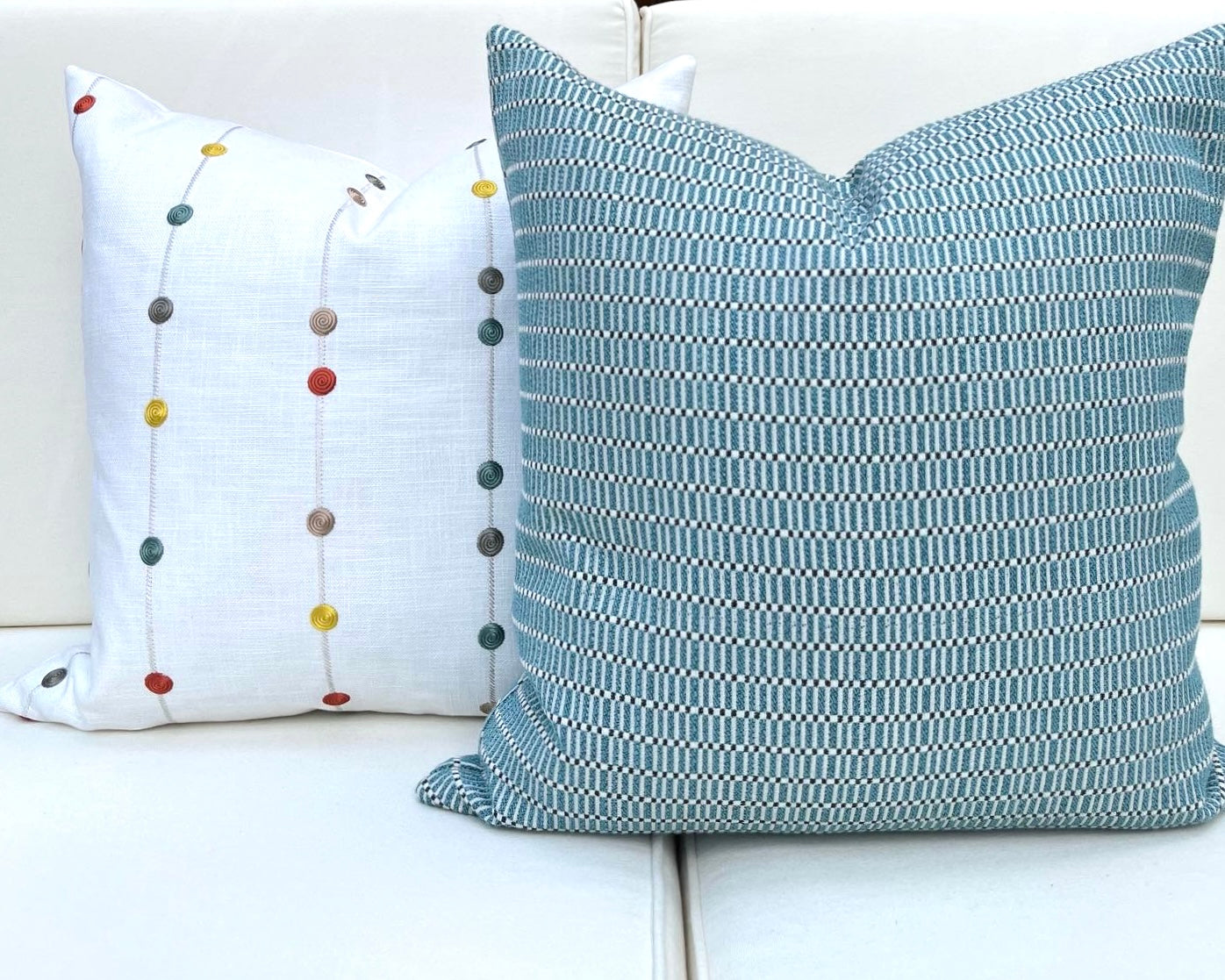 Kenley White Decorative Pillow Cover with Colorful Embroidered Stripes and Dots