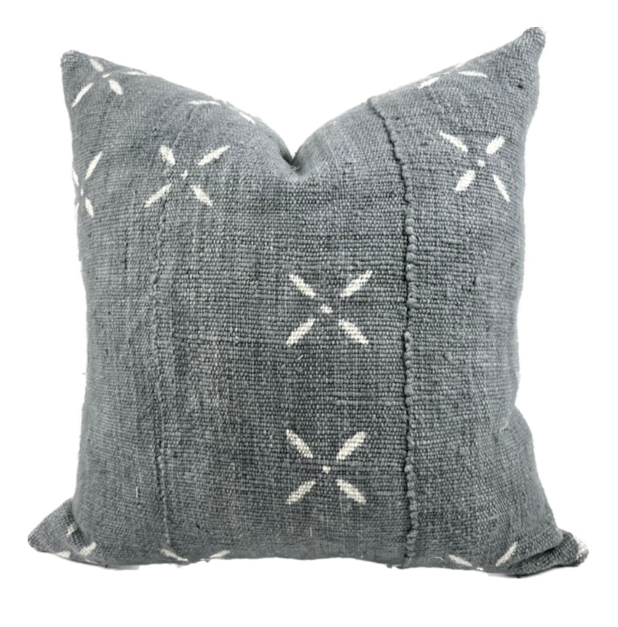 Maya Grey Blue Mudcloth Pillow Cover, Abstract White X Accents