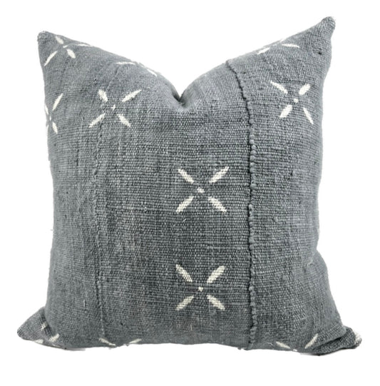 Maya Grey Blue Mudcloth Pillow Cover, Abstract White X Accents