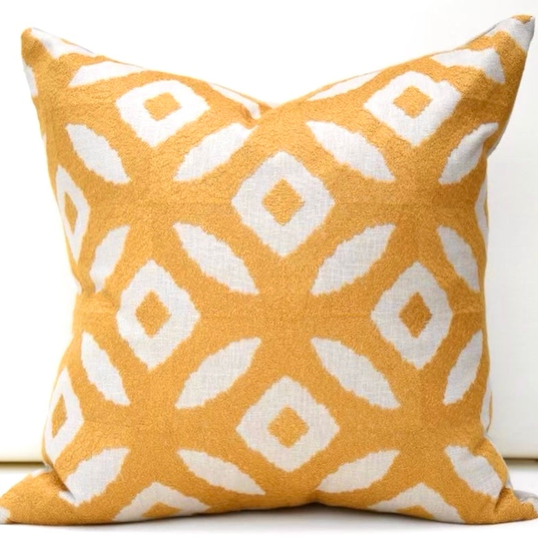 Miramar Yellow / Mustard Geometric Embroidery on Cream Pillow Cover