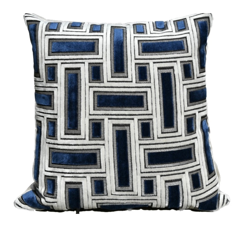 Brixity Navy Blue and Gray Geometric Throw Pillow with Metallic Silver Accents