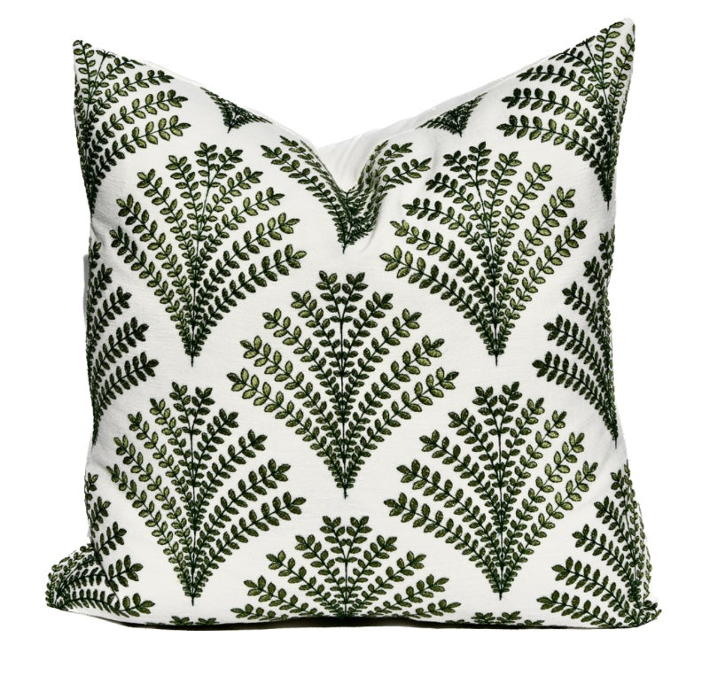 Olivia Green and White Fern Embroidered Throw Pillow Covers