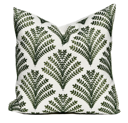 Olivia Green and White Fern Embroidered Throw Pillow Covers