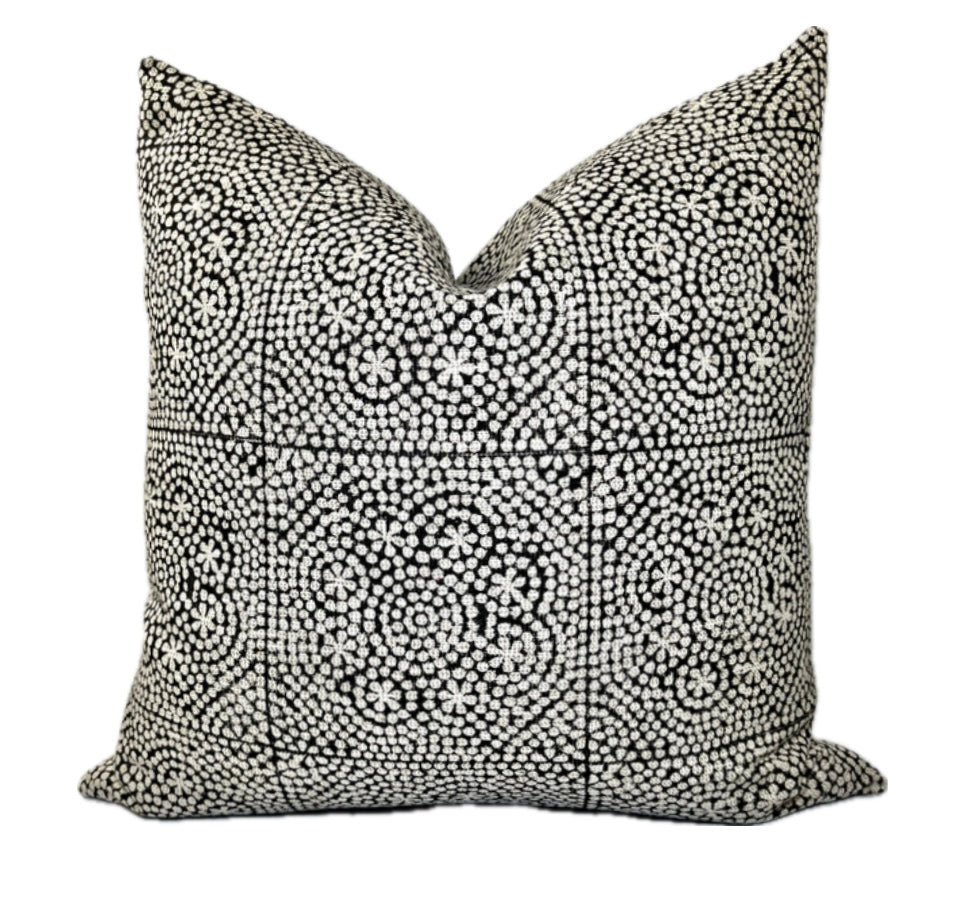 Penelope Black Dotted Block Print Linen Pillow Cover