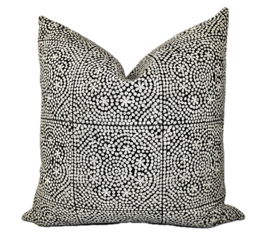 Penelope Black Dotted Block Print Linen Pillow Cover