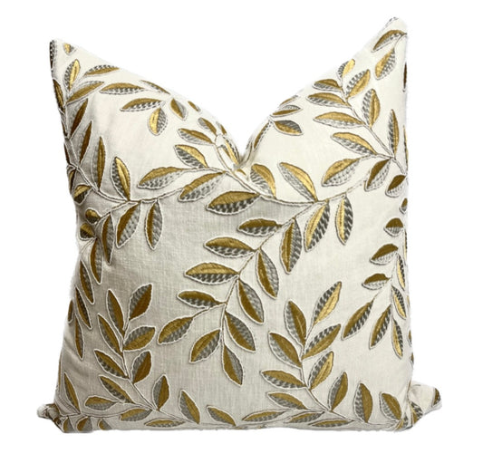 Rhea Gold and Silver Leaf Embroidered Pillow Cover