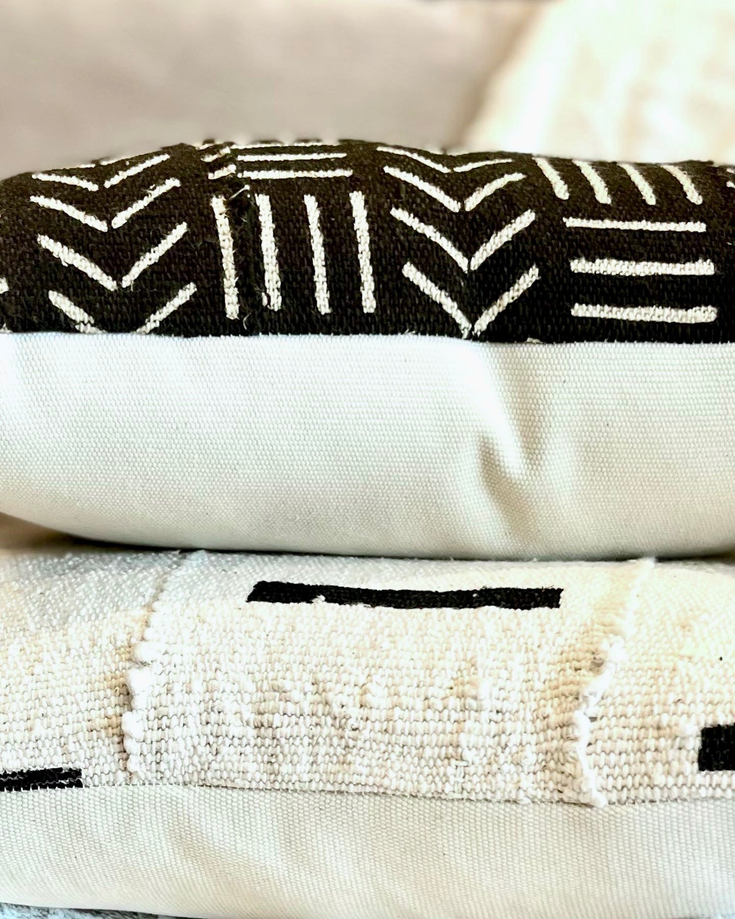 Mina White with Black Dashes African Mud Cloth Pillow Cover, Authentic Malian Mudcloth