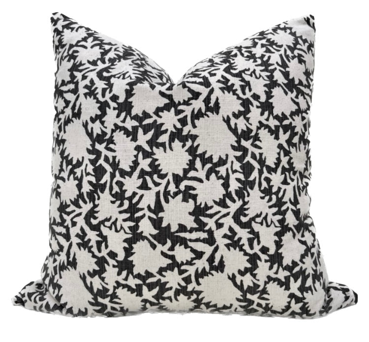 Nantucket Dark Gray / Charcoal Floral Block Print Pillow Cover