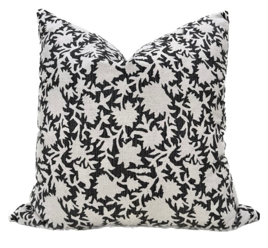 Nantucket Dark Gray / Charcoal Floral Block Print Pillow Cover