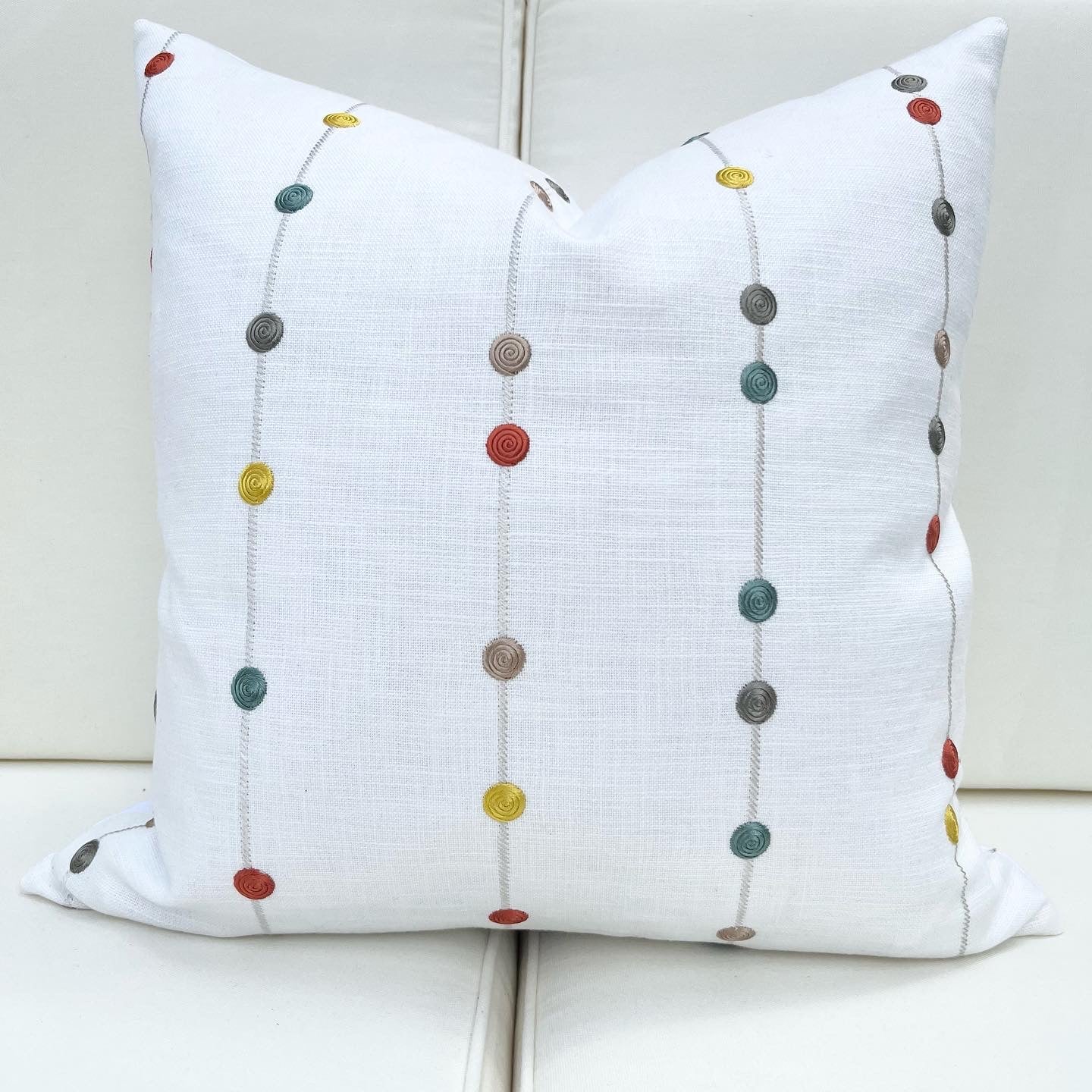 Kenley White Decorative Pillow Cover with Colorful Embroidered Stripes and Dots
