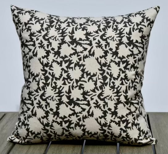 Nantucket Dark Gray / Charcoal Floral Block Print Pillow Cover