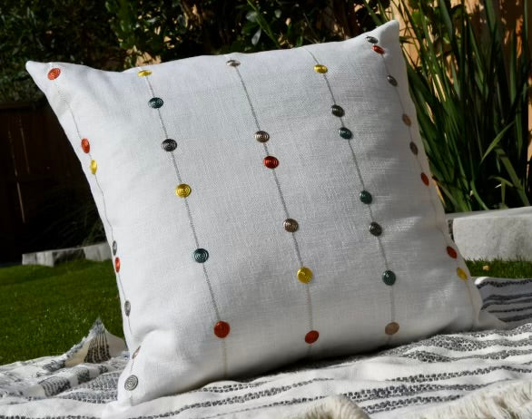 Kenley White Decorative Pillow Cover with Colorful Embroidered Stripes and Dots