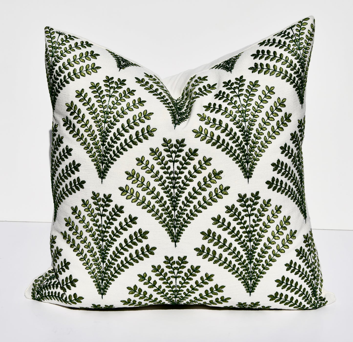 Olivia Green and White Fern Embroidered Throw Pillow Covers