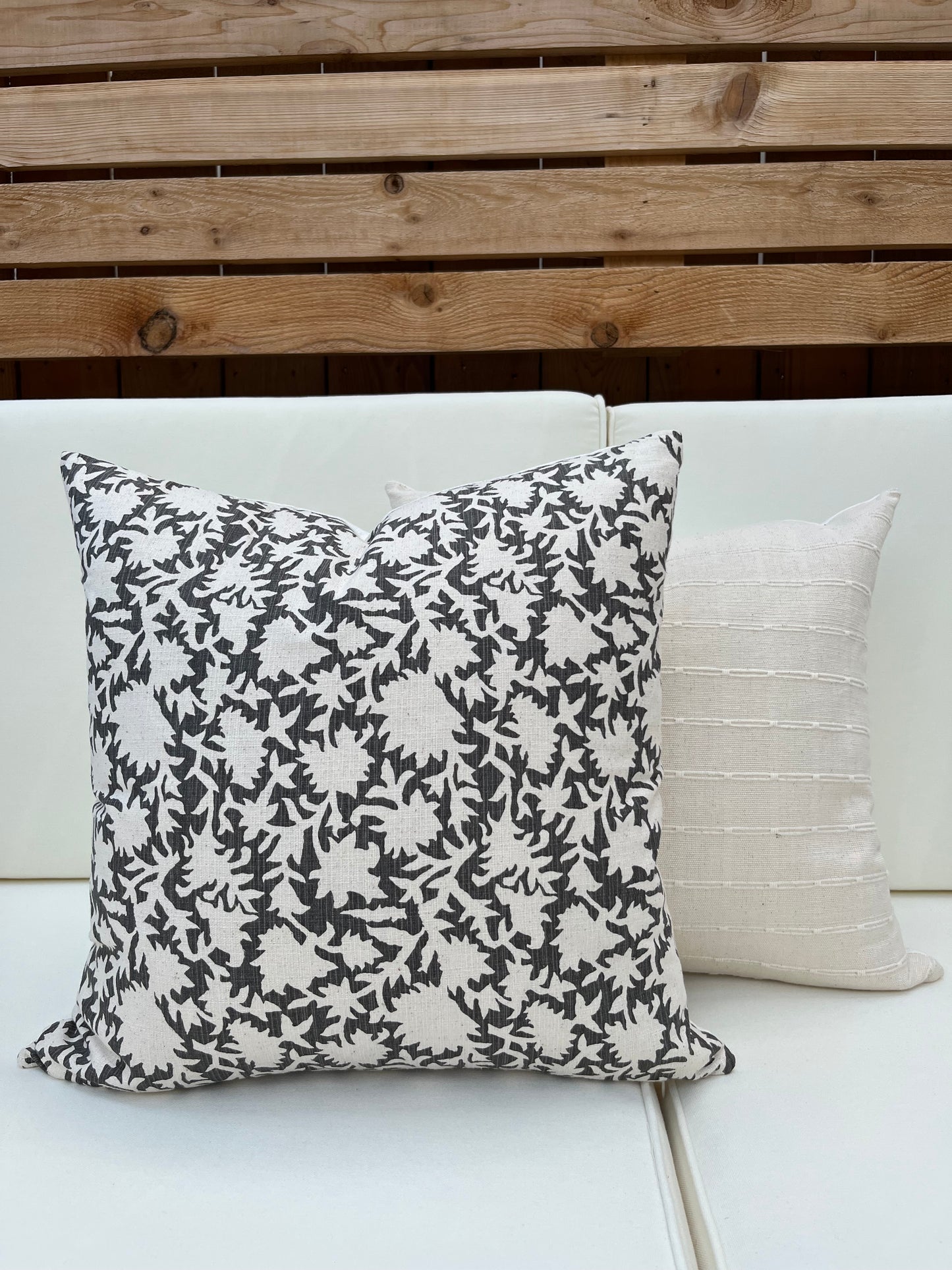 Nantucket Dark Gray / Charcoal Floral Block Print Pillow Cover