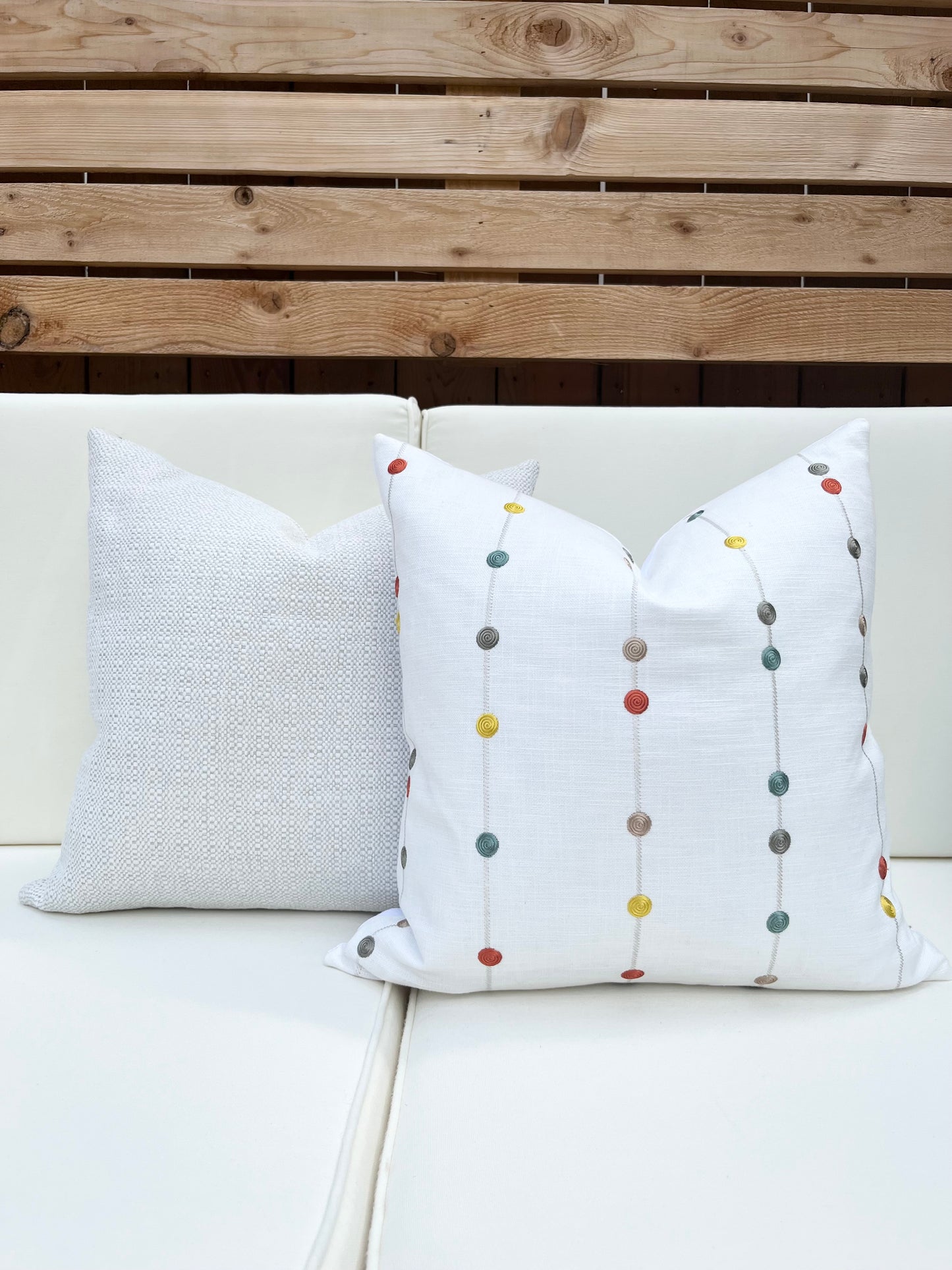 Kenley White Decorative Pillow Cover with Colorful Embroidered Stripes and Dots