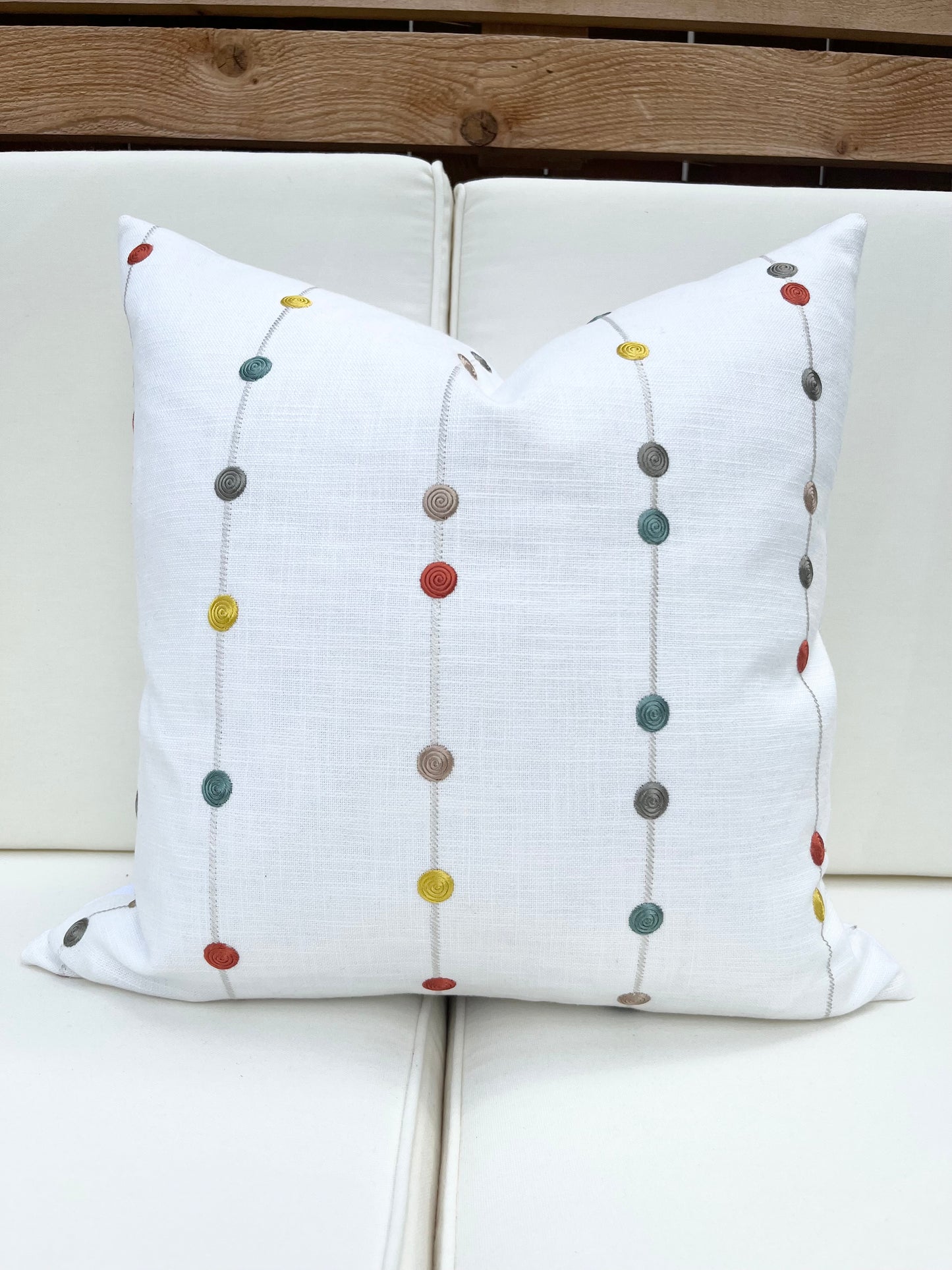 Kenley White Decorative Pillow Cover with Colorful Embroidered Stripes and Dots