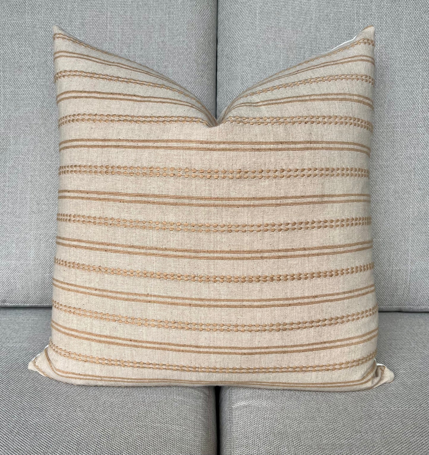 Ann Tan / Beige with Vintage Gold Thread Stripe Woven Pillow Cover