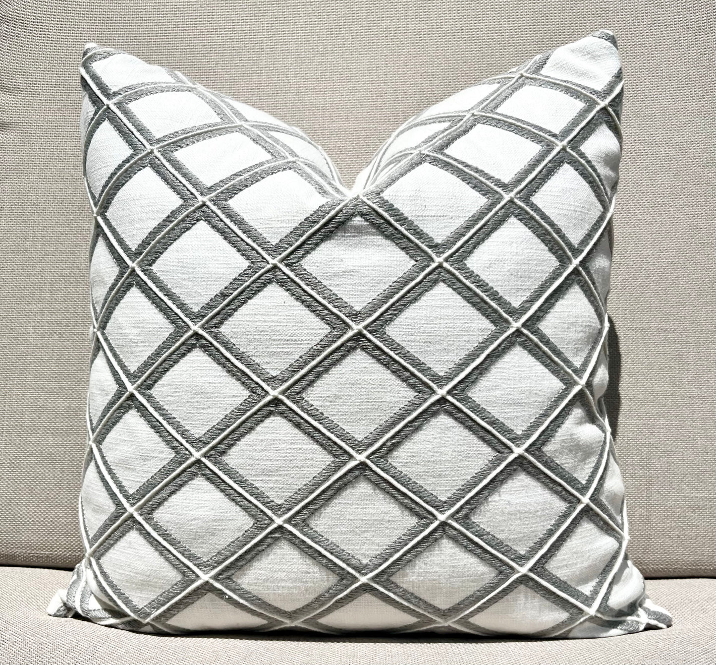 New Haven Grey and White Embroidered Geometric Pillow Cover