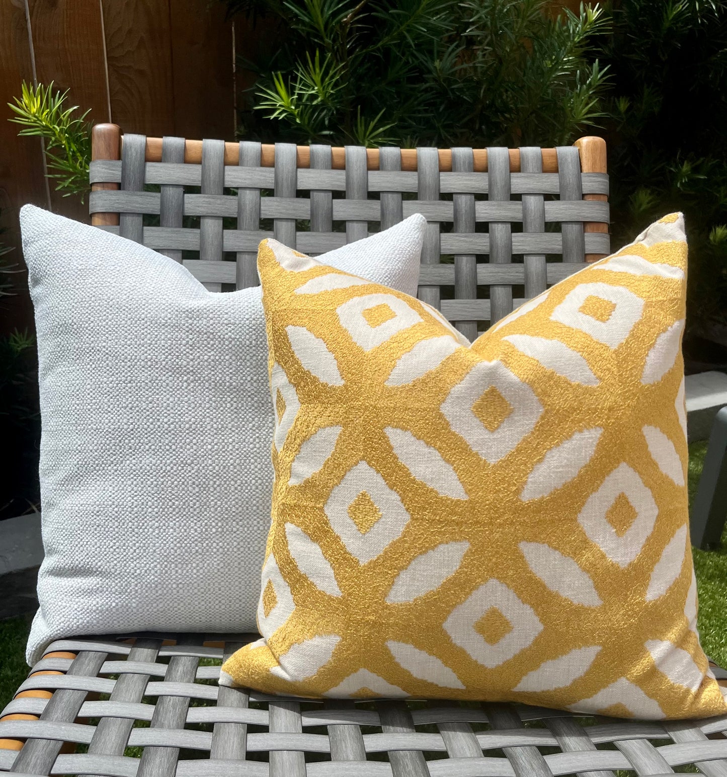 Miramar Yellow / Mustard Geometric Embroidery on Cream Pillow Cover