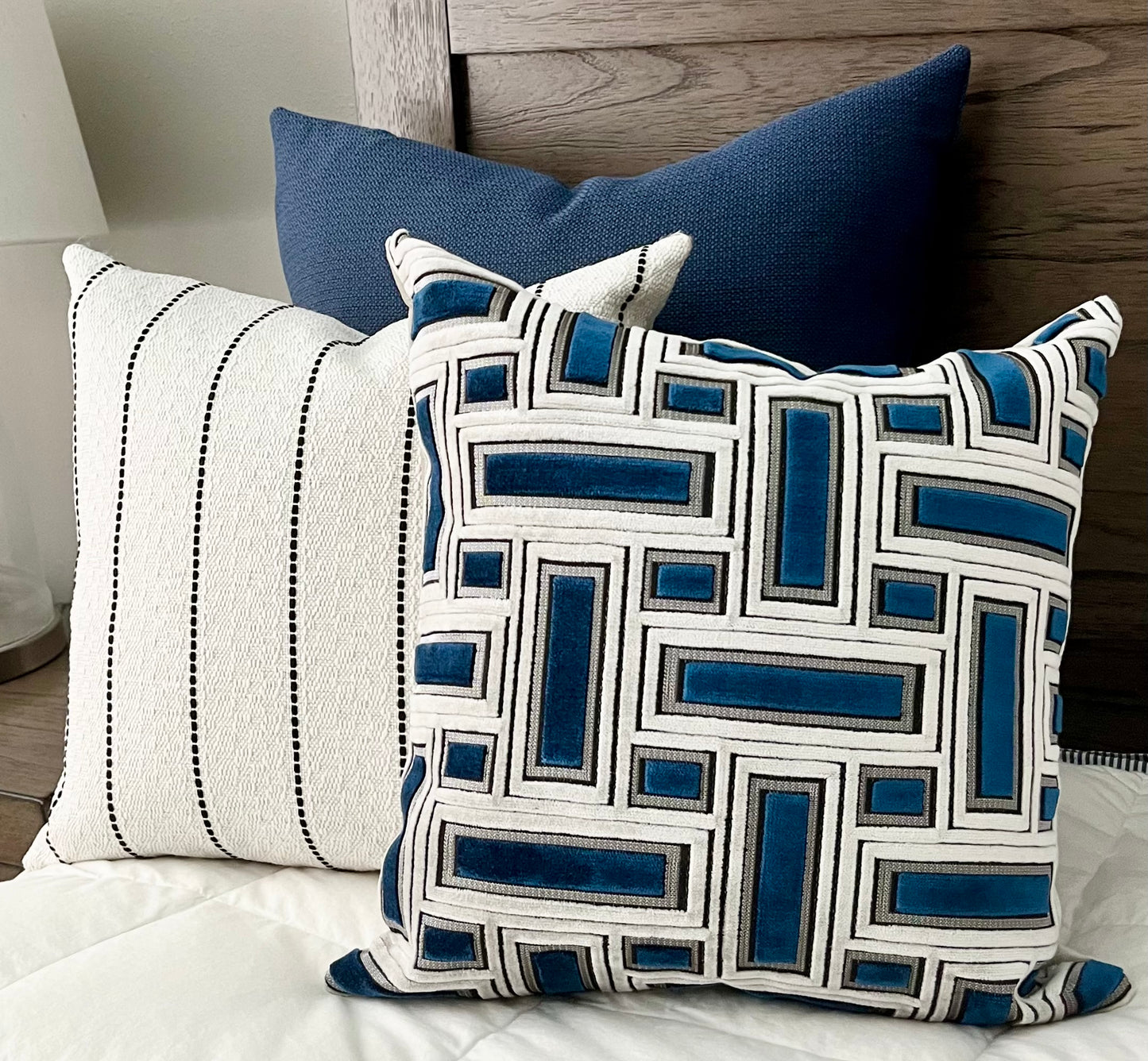 Brixity Navy Blue and Gray Geometric Throw Pillow with Metallic Silver Accents