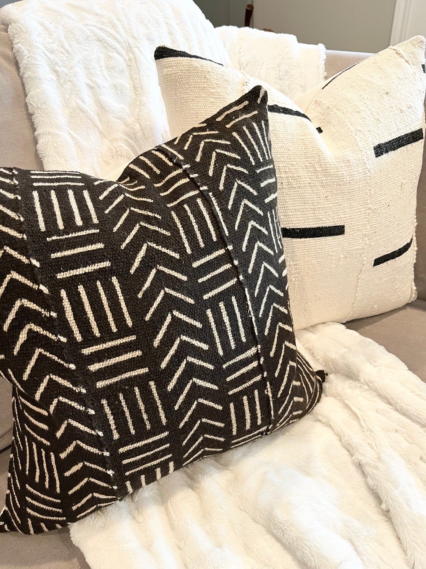Mina White with Black Dashes African Mud Cloth Pillow Cover, Authentic Malian Mudcloth