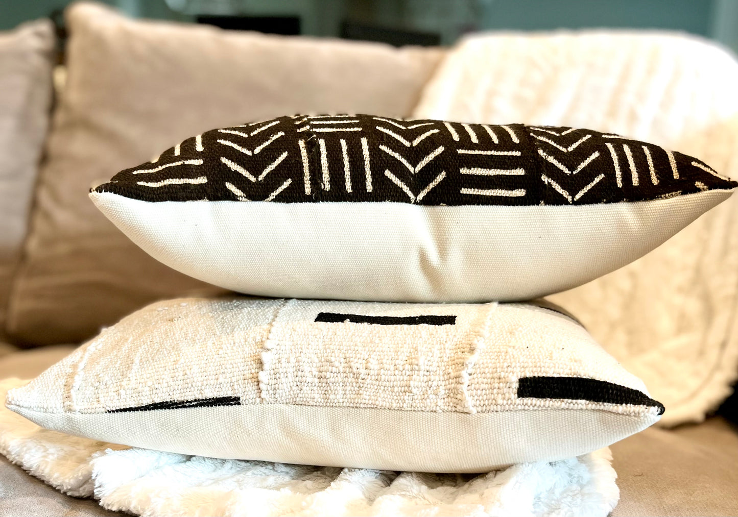 Mina White with Black Dashes African Mud Cloth Pillow Cover, Authentic Malian Mudcloth