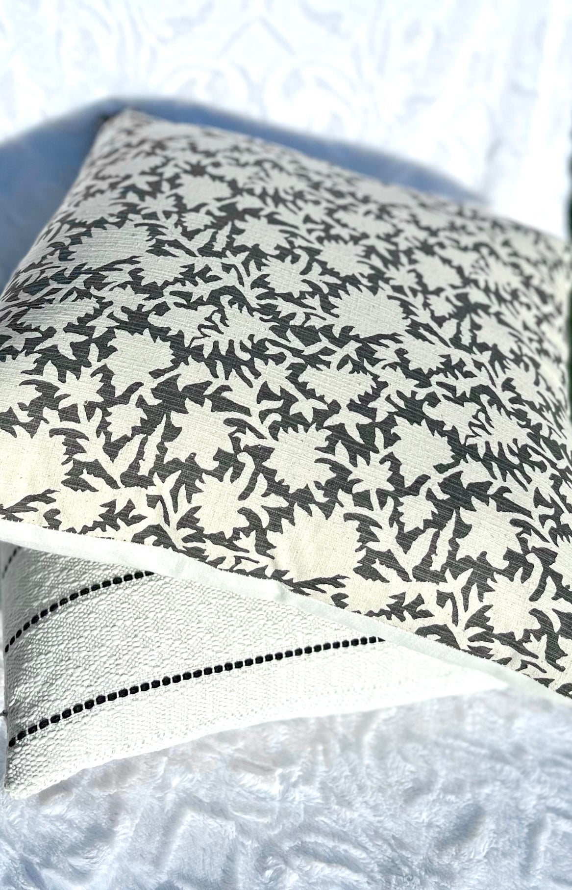 Nantucket Dark Gray / Charcoal Floral Block Print Pillow Cover