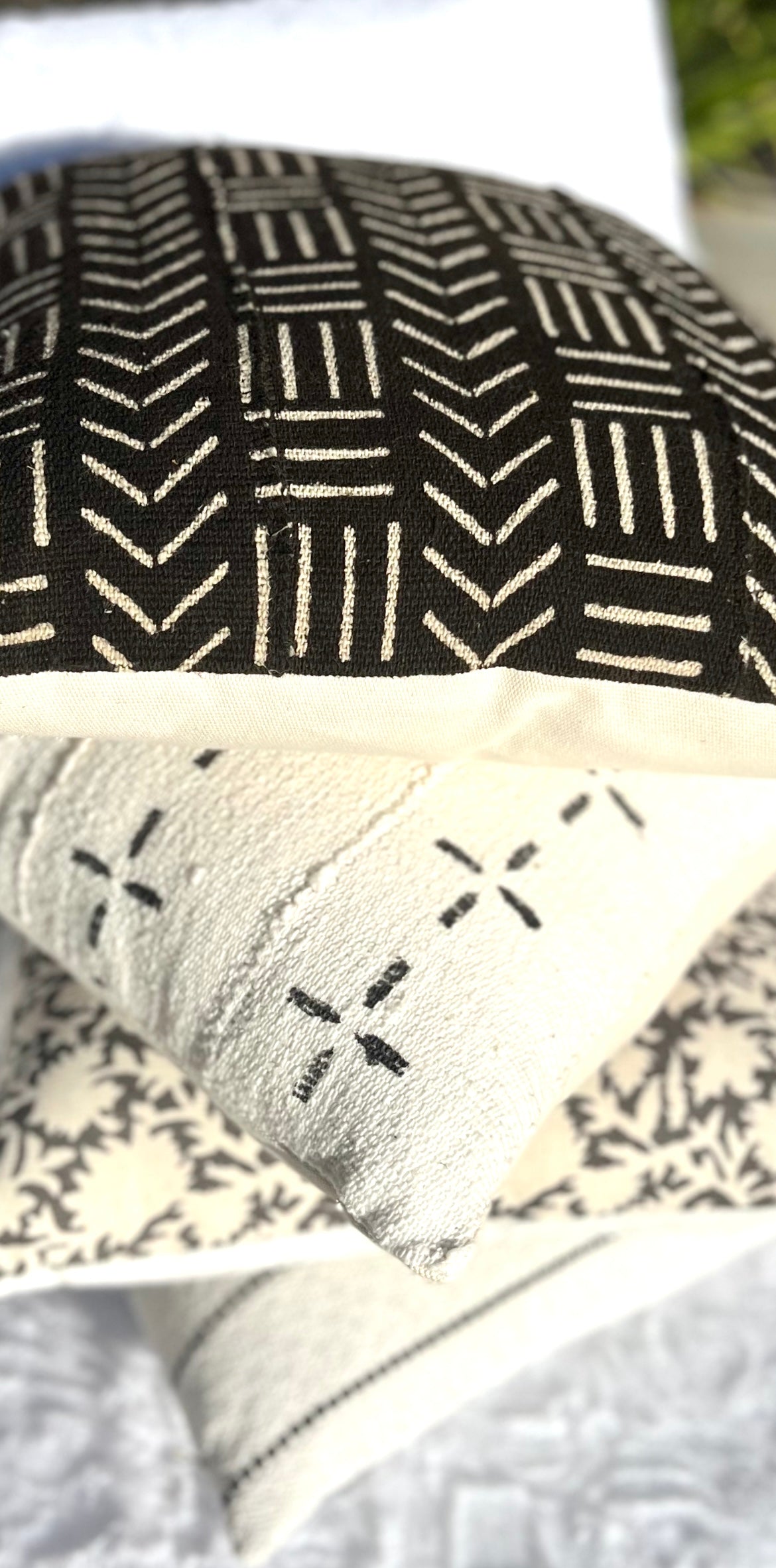 Lena White with Black Geometric Accents African Mud Cloth Pillow Cover, Authentic Malian Mudcloth