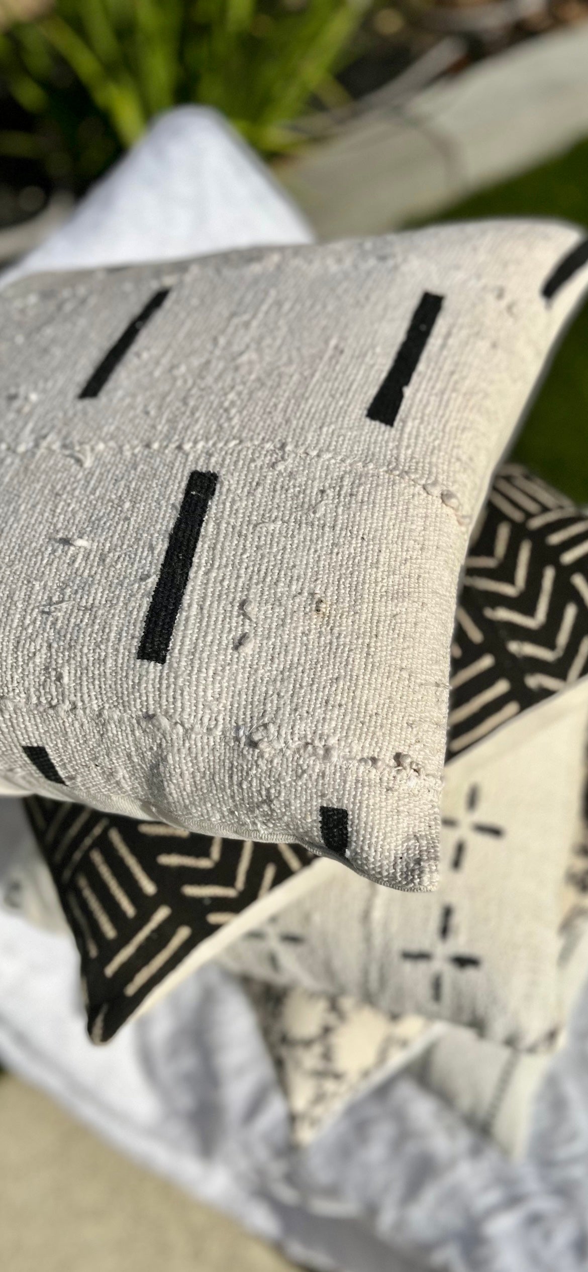 Mina White with Black Dashes African Mud Cloth Pillow Cover, Authentic Malian Mudcloth