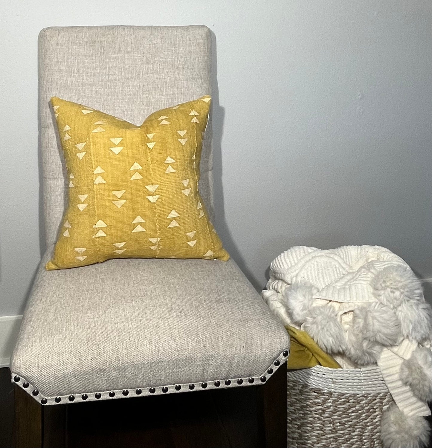 Malia Mustard Yellow Mudcloth with White Triangles Pillow Cover, Geometric