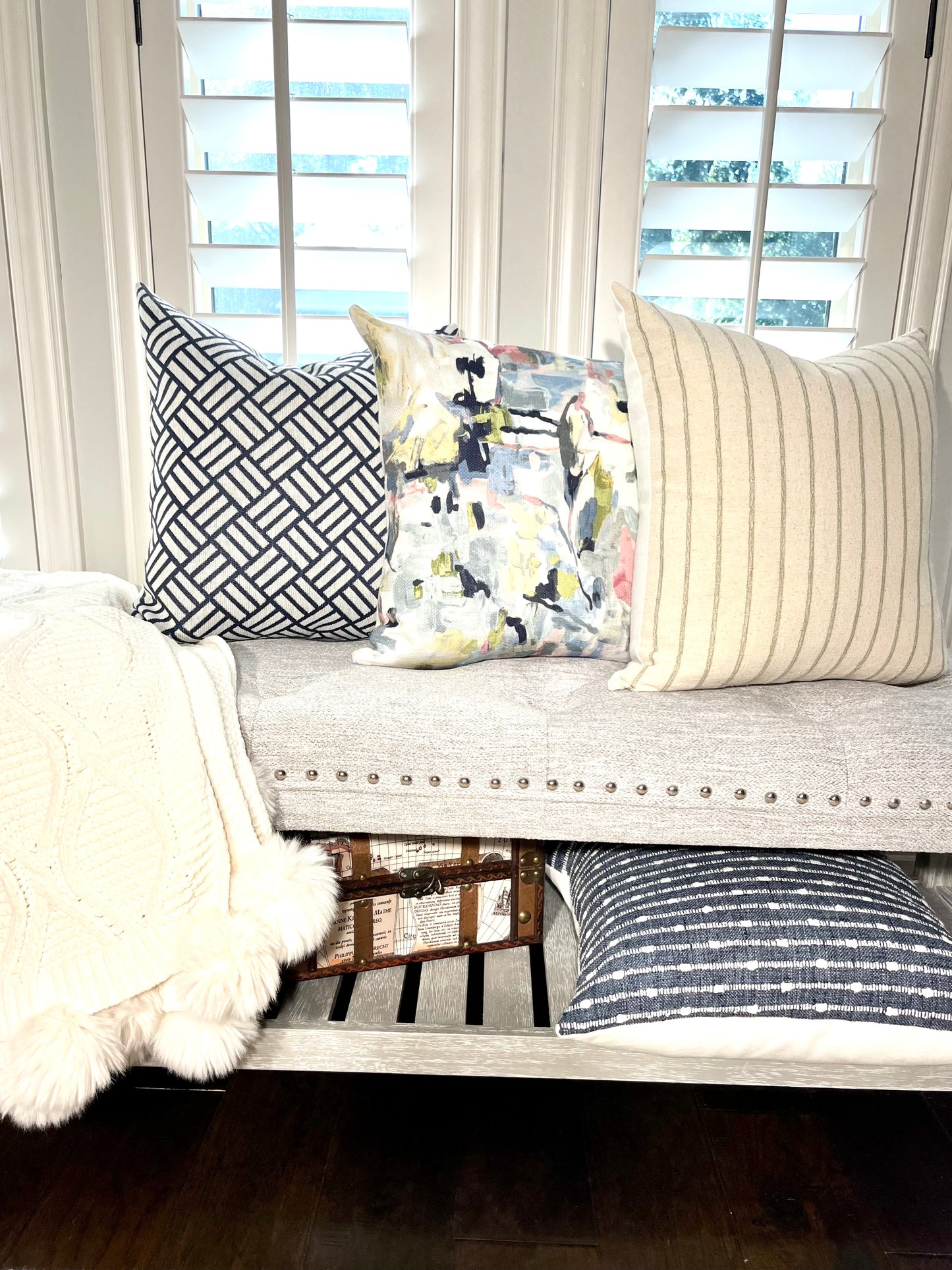 Terrace Navy Blue and White Geometric Throw Pillow